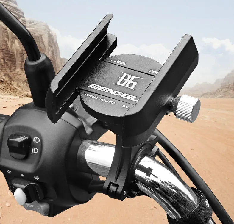 Aluminium alloy bicycle phone holder mounted on handlebars, showing adjustable clamp and phone grip.