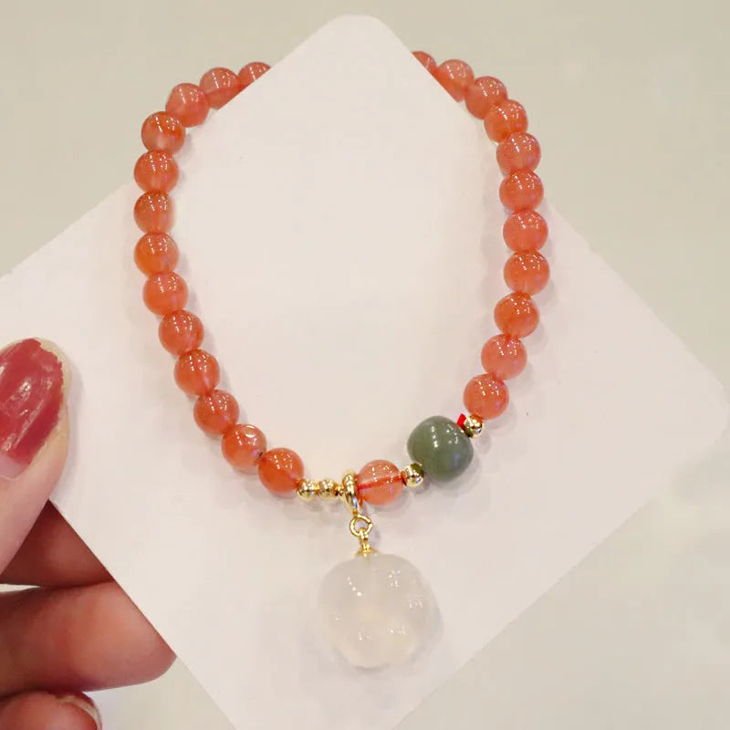 Natural red agate bracelet with cat paw design and gem inlay, 6mm women's zodiac style jewellery