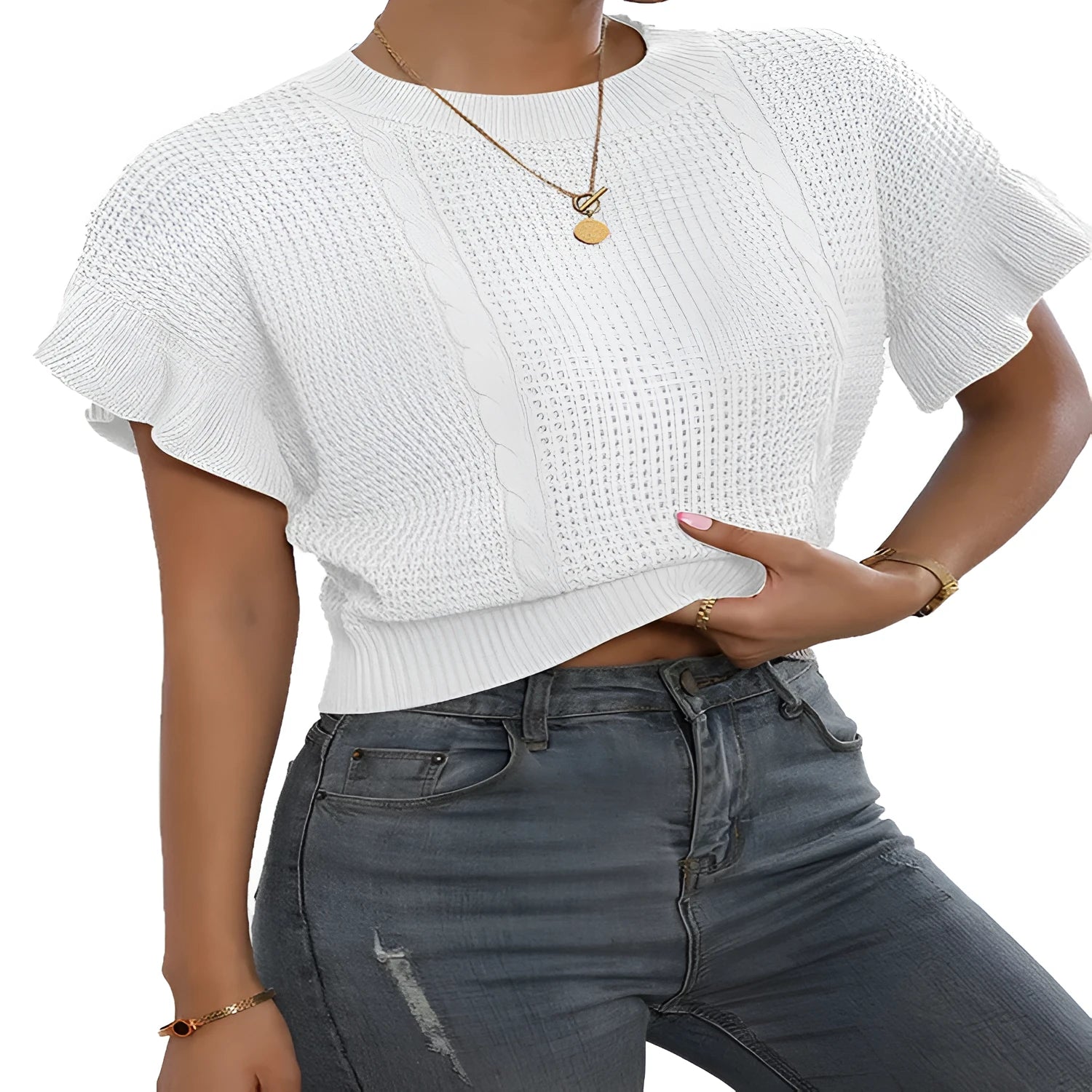 White twisted string knitted pullover sweater with ruffled short sleeves on a hanger.