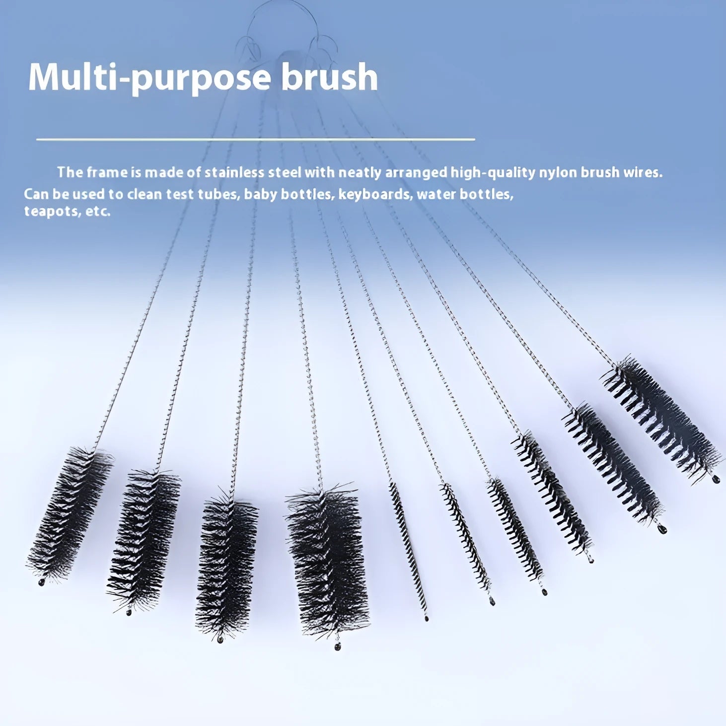 Nylon cleaning brushes with stainless steel handles in white and black colour options