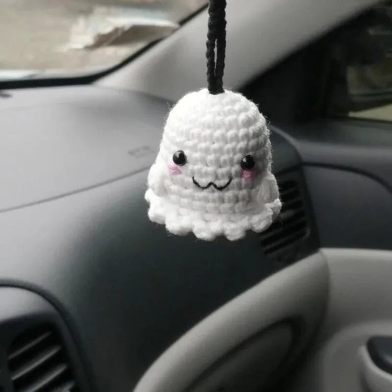 Hand-woven plush automobile hanging ornament with cartoon design for car interior decoration