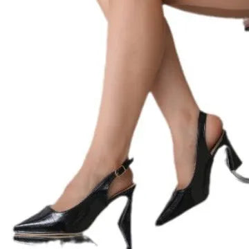 Large size women's pointed toe mid heel ankle strap buckle sandals in black PU