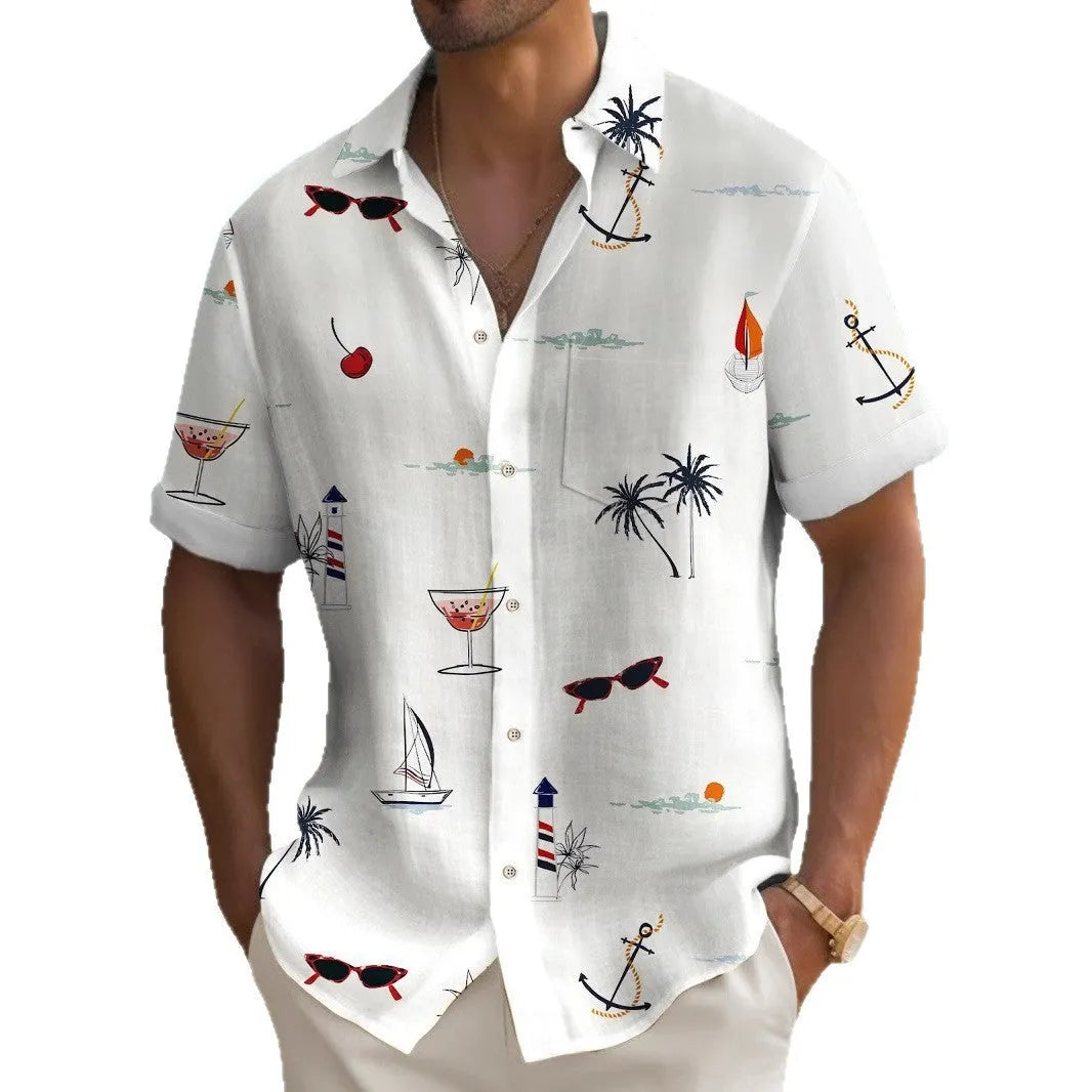 Man wearing a loose-fit short-sleeve Hawaiian shirt with a digital print pattern.