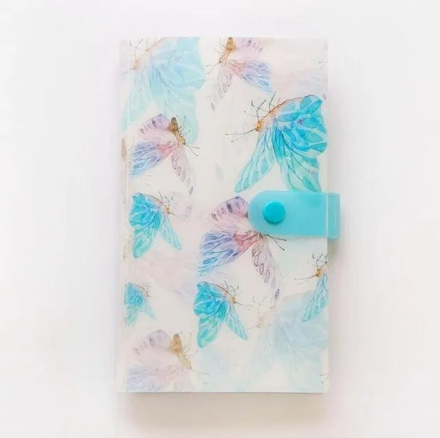 Blue PVC and PP business card holder book showing protective shell and insert pockets for cards.