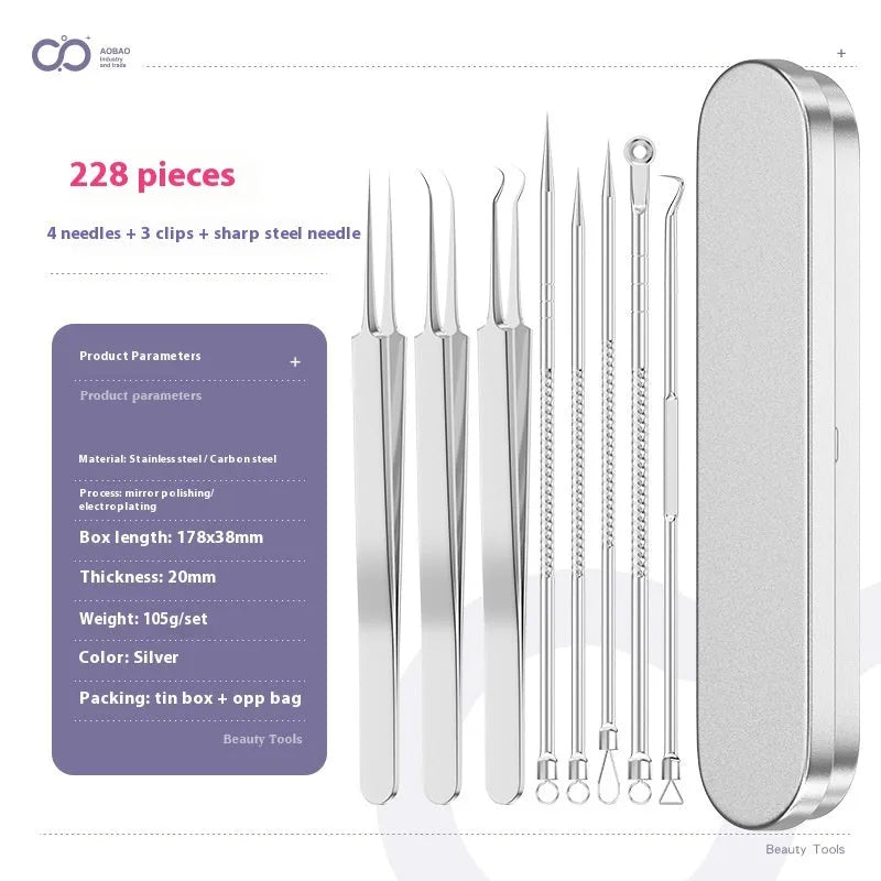 Four silver metal acne needles with ultra-fine pointed tips arranged on a clean surface.