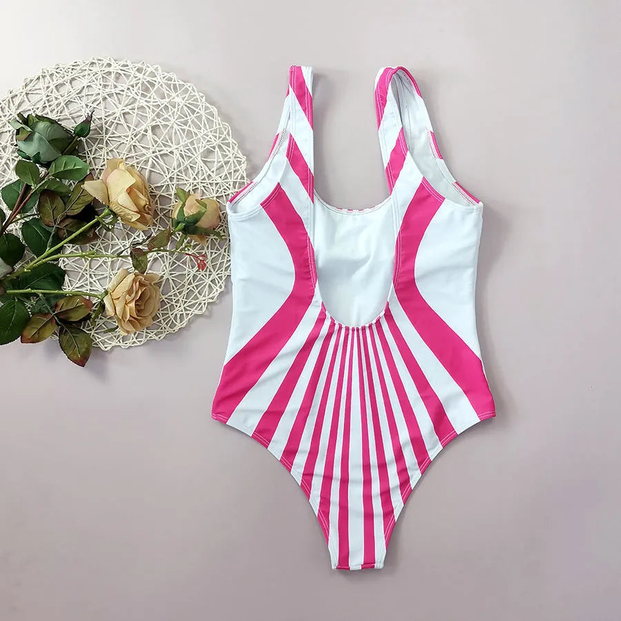 Pink and white striped one-piece swimsuit for women on a mannequin, showing front and back digital print positioning.