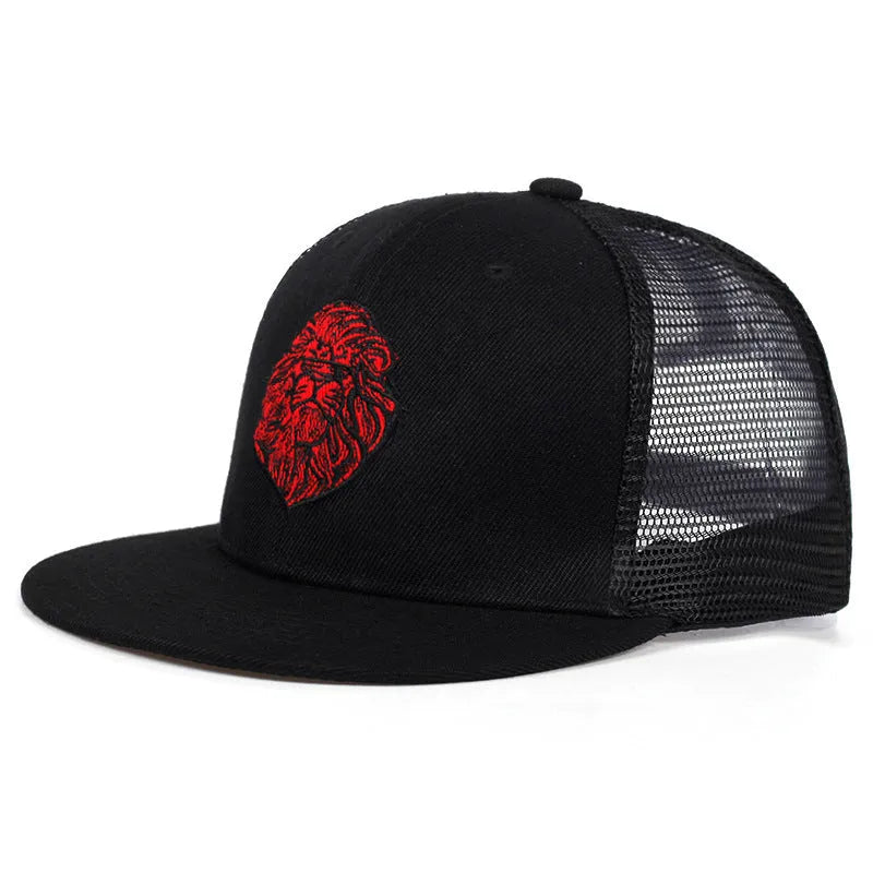 Cotton baseball cap with lion face embroidery in black color adjustable size