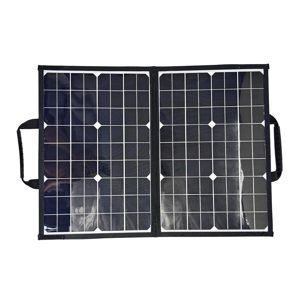 Black 40W single crystal solar panel folded into a slim bag, showing fabric texture and dimensions of 425mm by 285mm.
