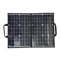 Black 40W single crystal solar panel folded into a slim bag, showing fabric texture and dimensions of 425mm by 285mm.