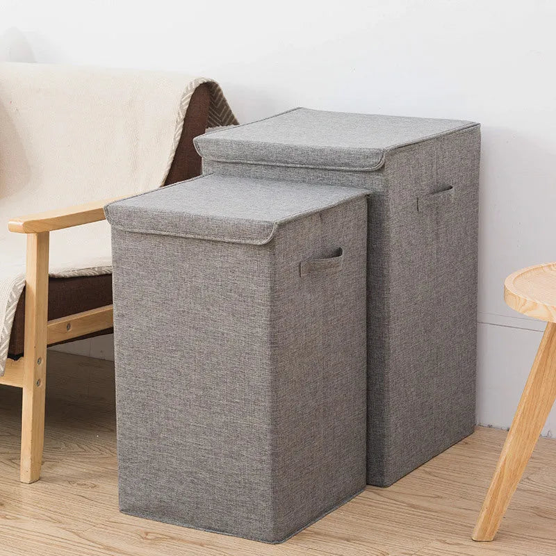 Foldable cotton linen storage basket in brown colour showing three-dimensional structure