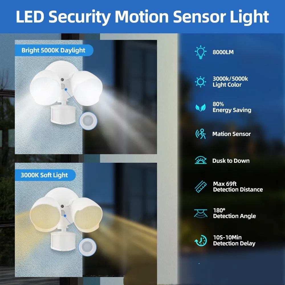 White outdoor LED security flood light with motion sensor mounted on a wall bracket