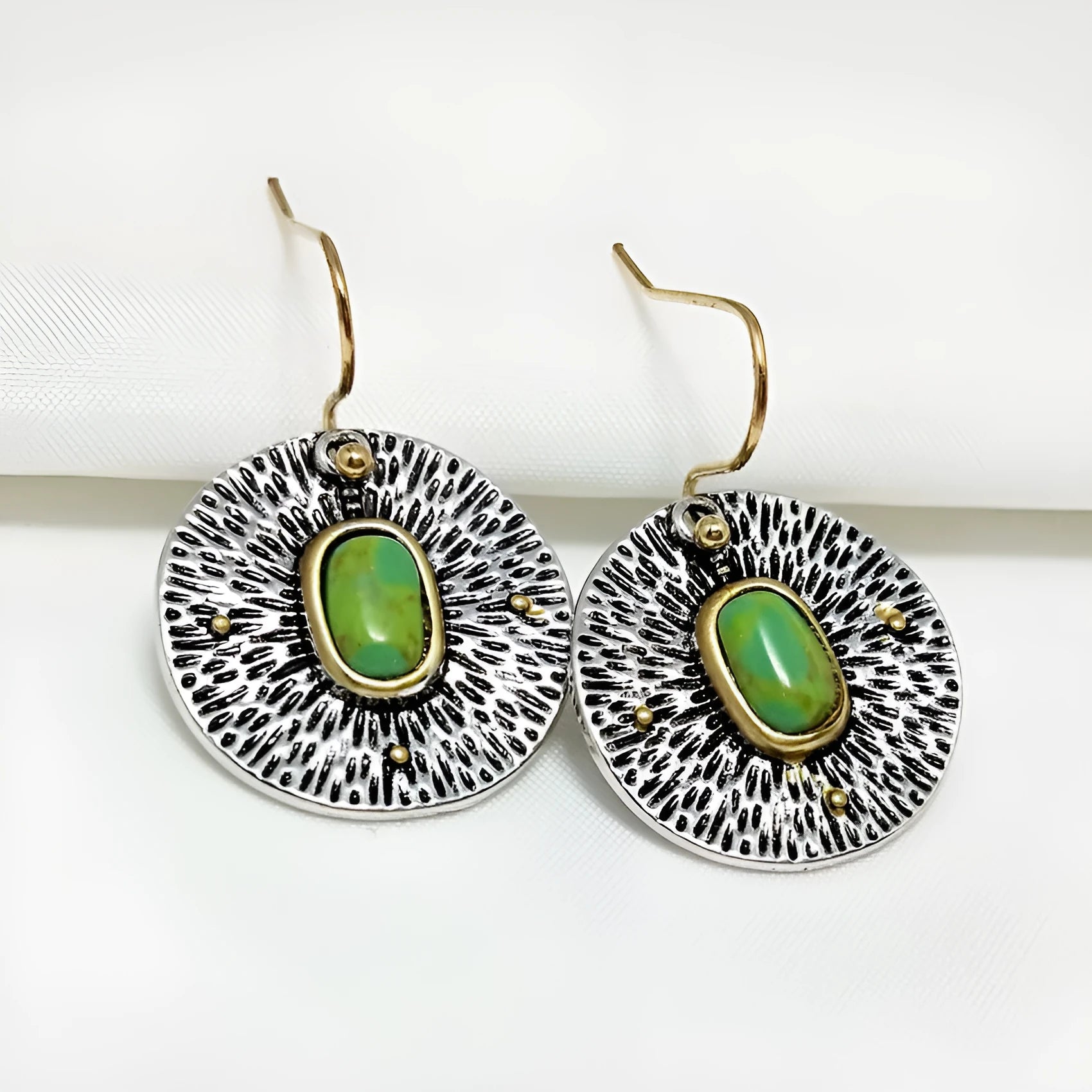 Turquoise colour separation earrings with antique silver electroplated finish on alloy