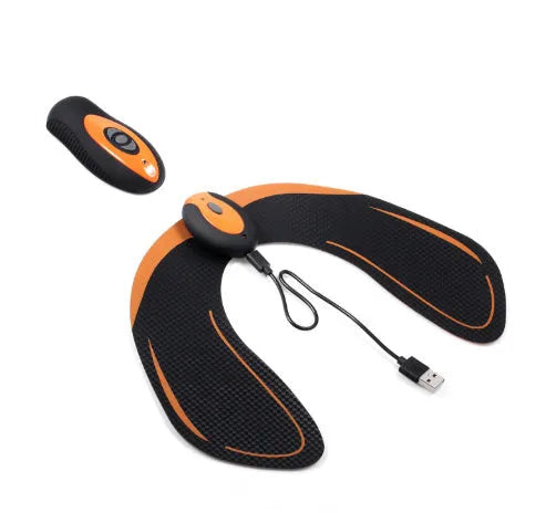 Compact EMS hip muscle training stimulator device with adhesive gel pads for buttocks and abdomen.