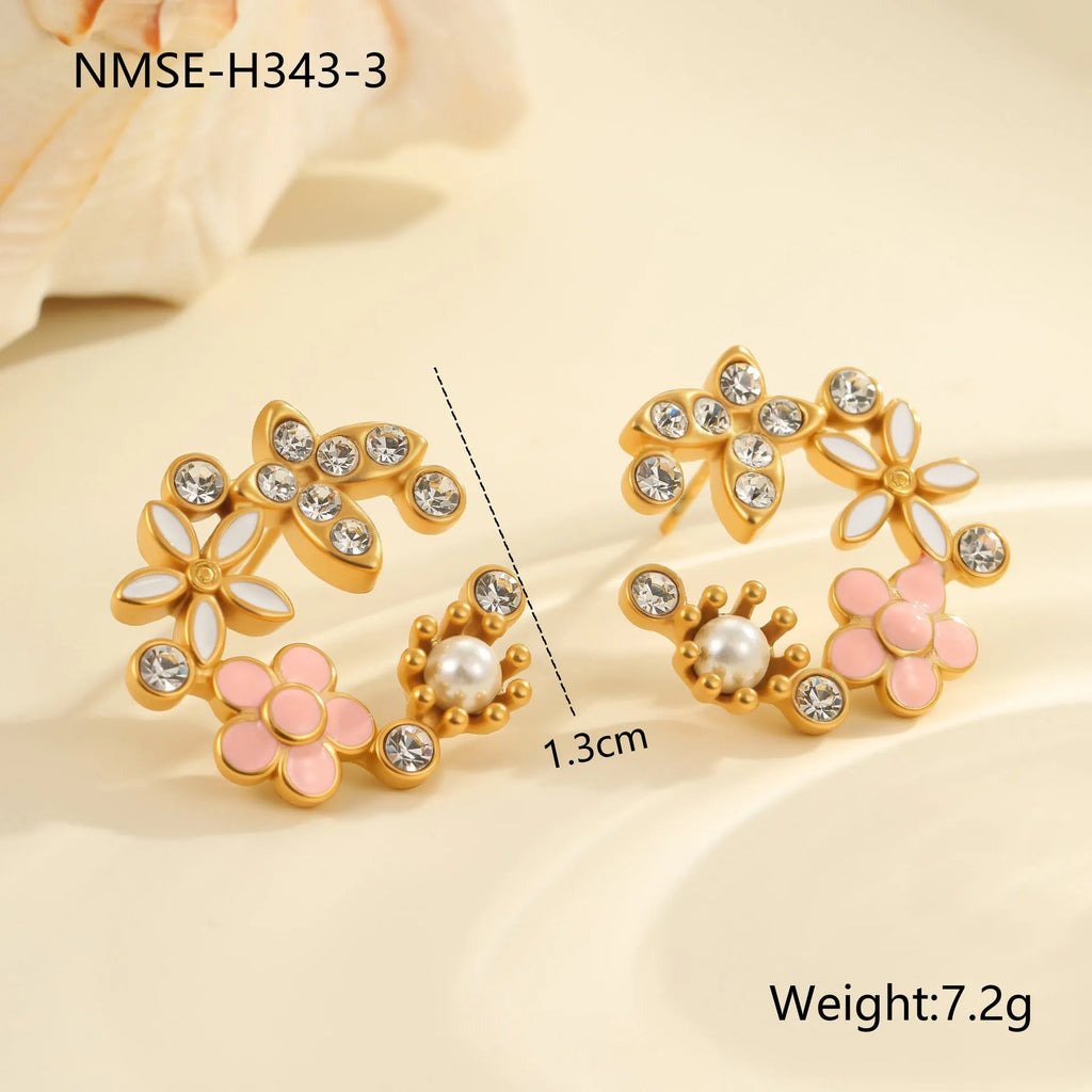 Flower stud earrings with petal design and colourful electroplating on stainless steel with 18K gold plating