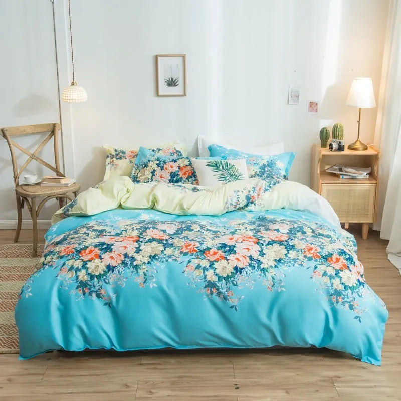 Cotton duvet cover and fitted sheet bedding set in a colour option, shown on a bed