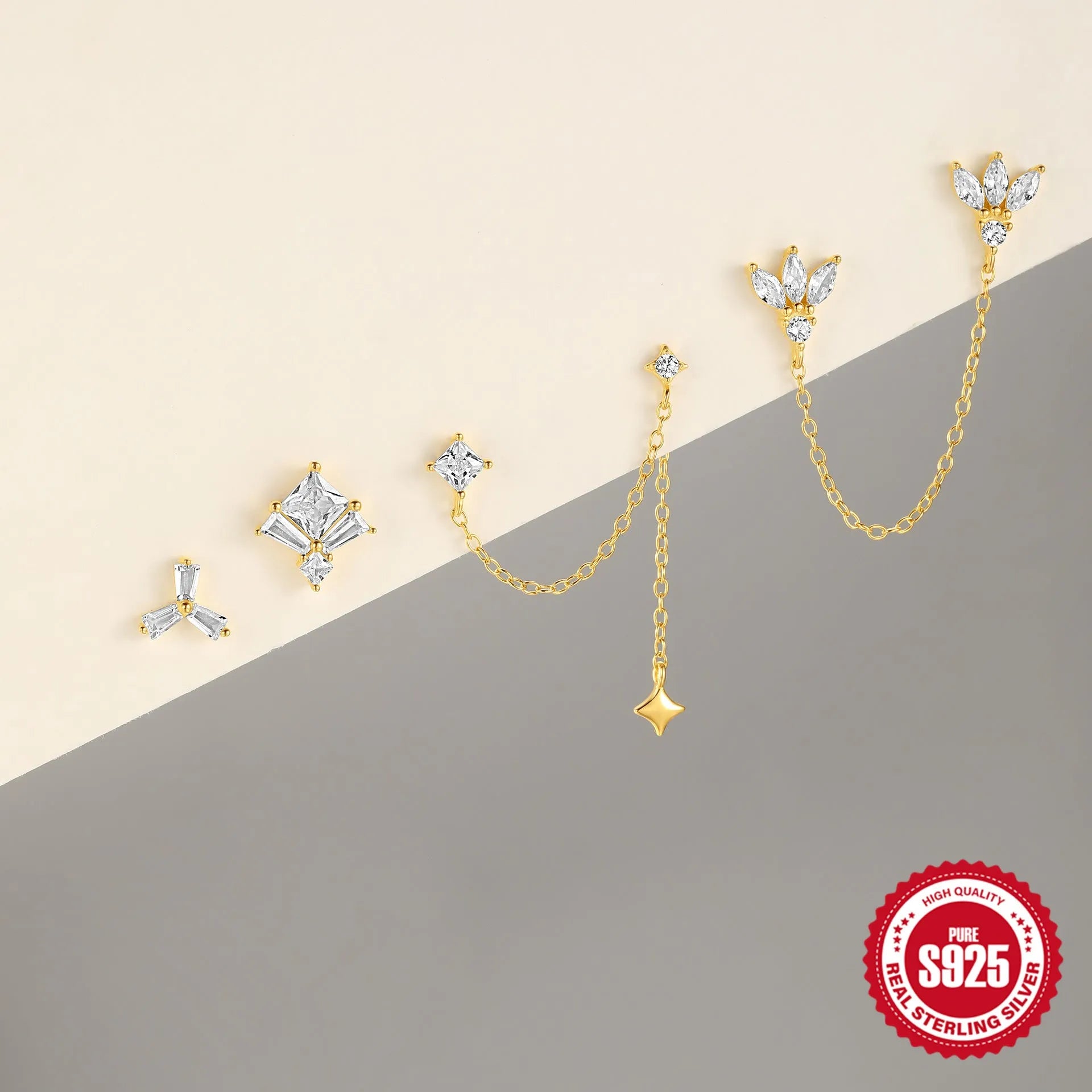 Set of S925 sterling silver double ear piercing studs with zircon inlay in geometric clover, crown, piercing, and chain horse eye designs.