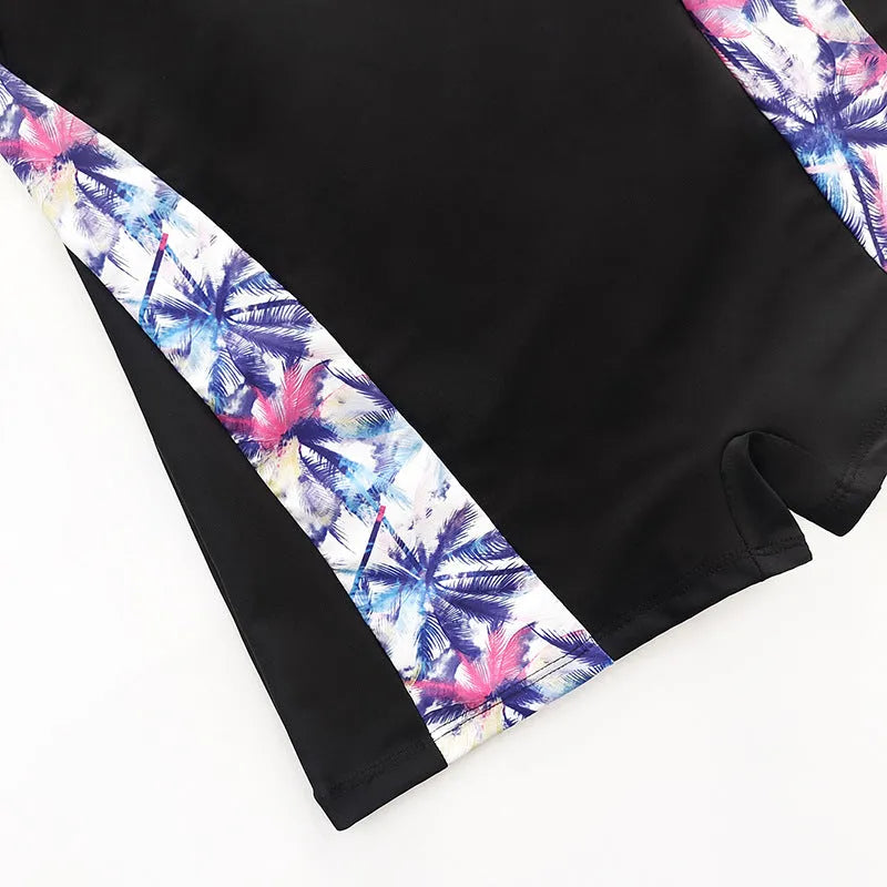 Women's printed backless one-piece swimsuit with stitched detailing in blue polyester sleeveless swimwear