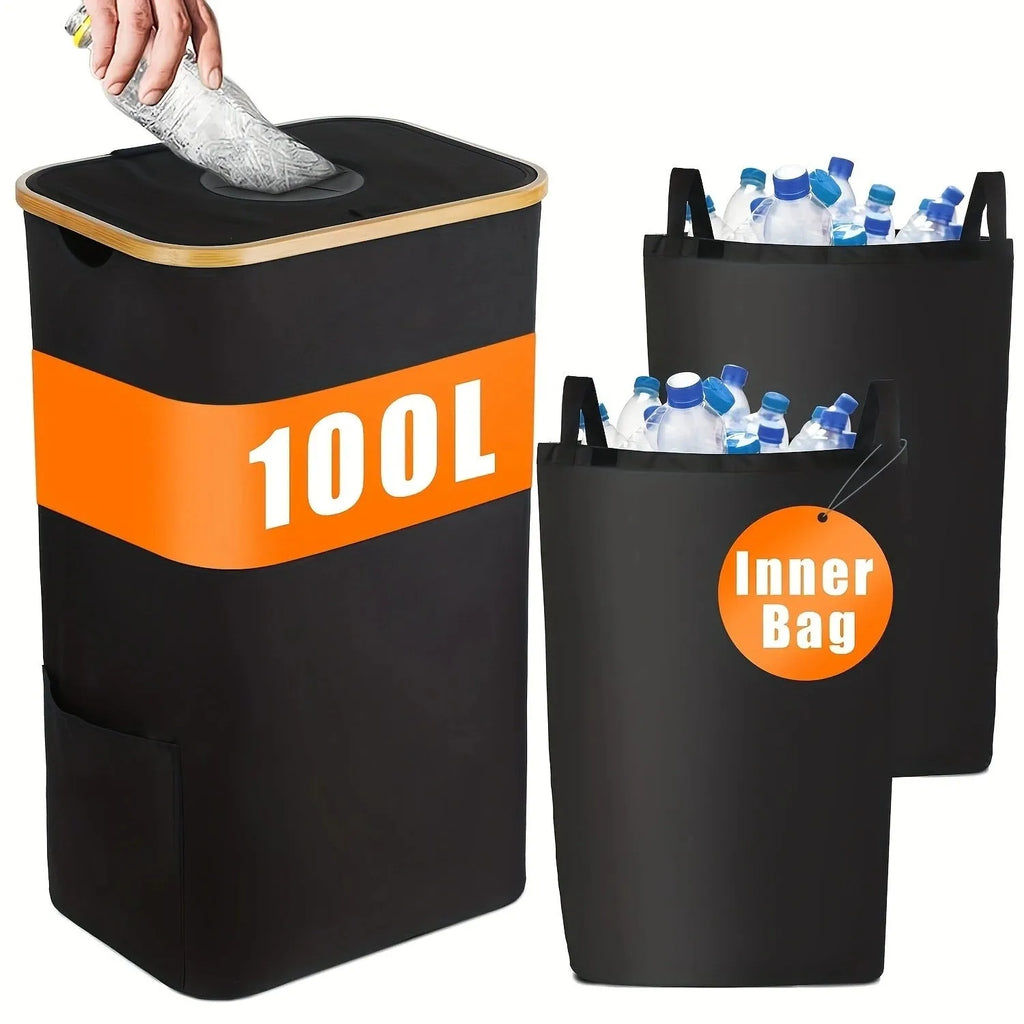 Black bamboo frame storage basket with removable lid showing double inner pockets and ventilation holes