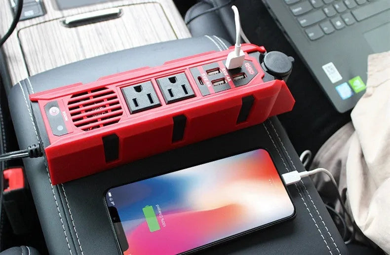 E8960 200W 12V to 110V car power inverter with USB ports, Type-C, and temperature-controlled fan