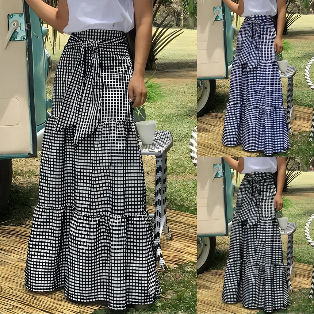 Ruffled hem strappy pleated loose skirt in polyester patchwork street hipster style Black