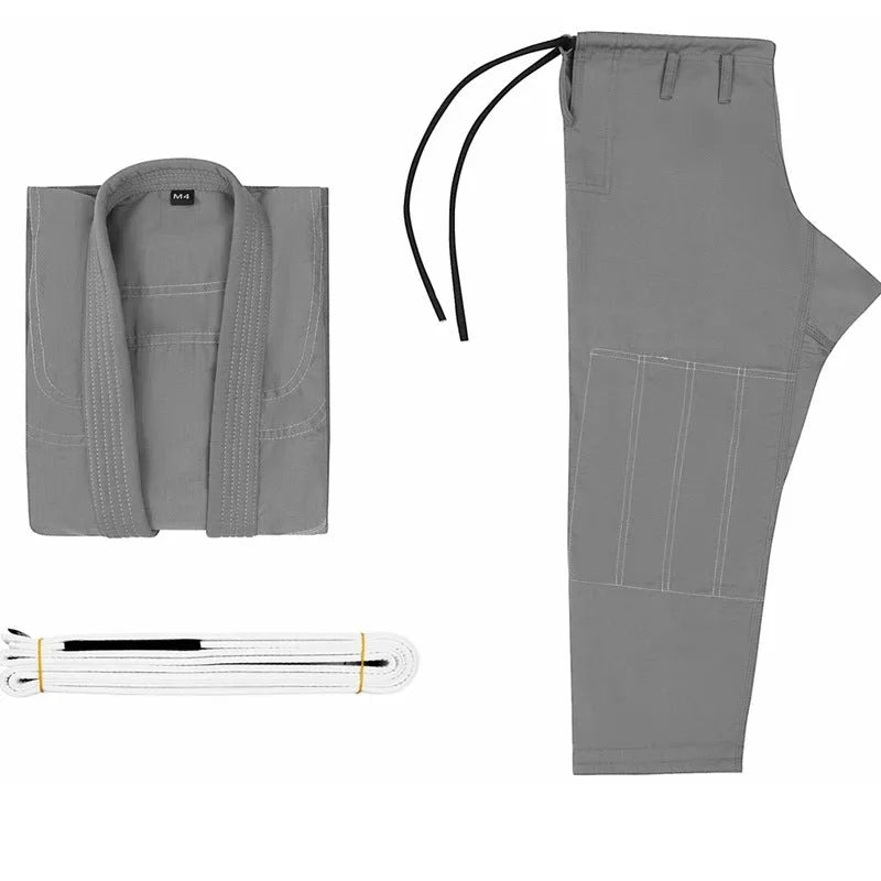 Cotton blend Brazilian Jiu-Jitsu gi jacket and trousers set on a white background.