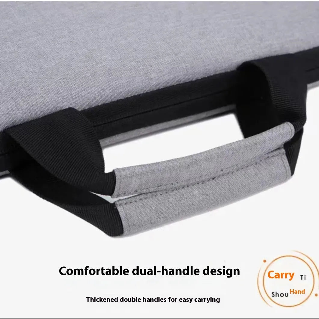 Grey Oxford cloth laptop bag with visible sewing thread detailing and expandable compartment