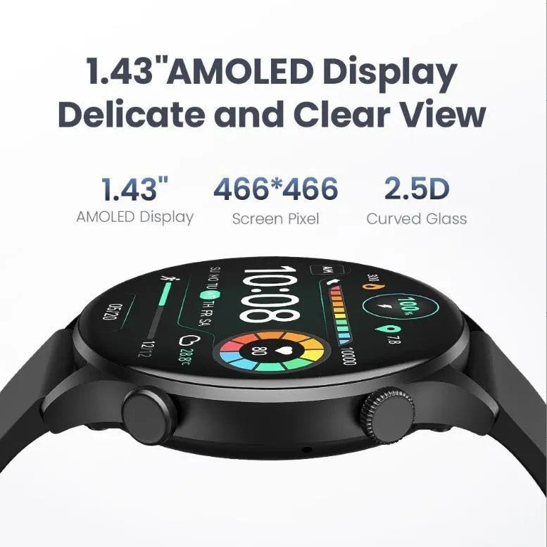 Black or white Bluetooth smartwatch on wrist showing AMOLED display with heart rate and call icons.