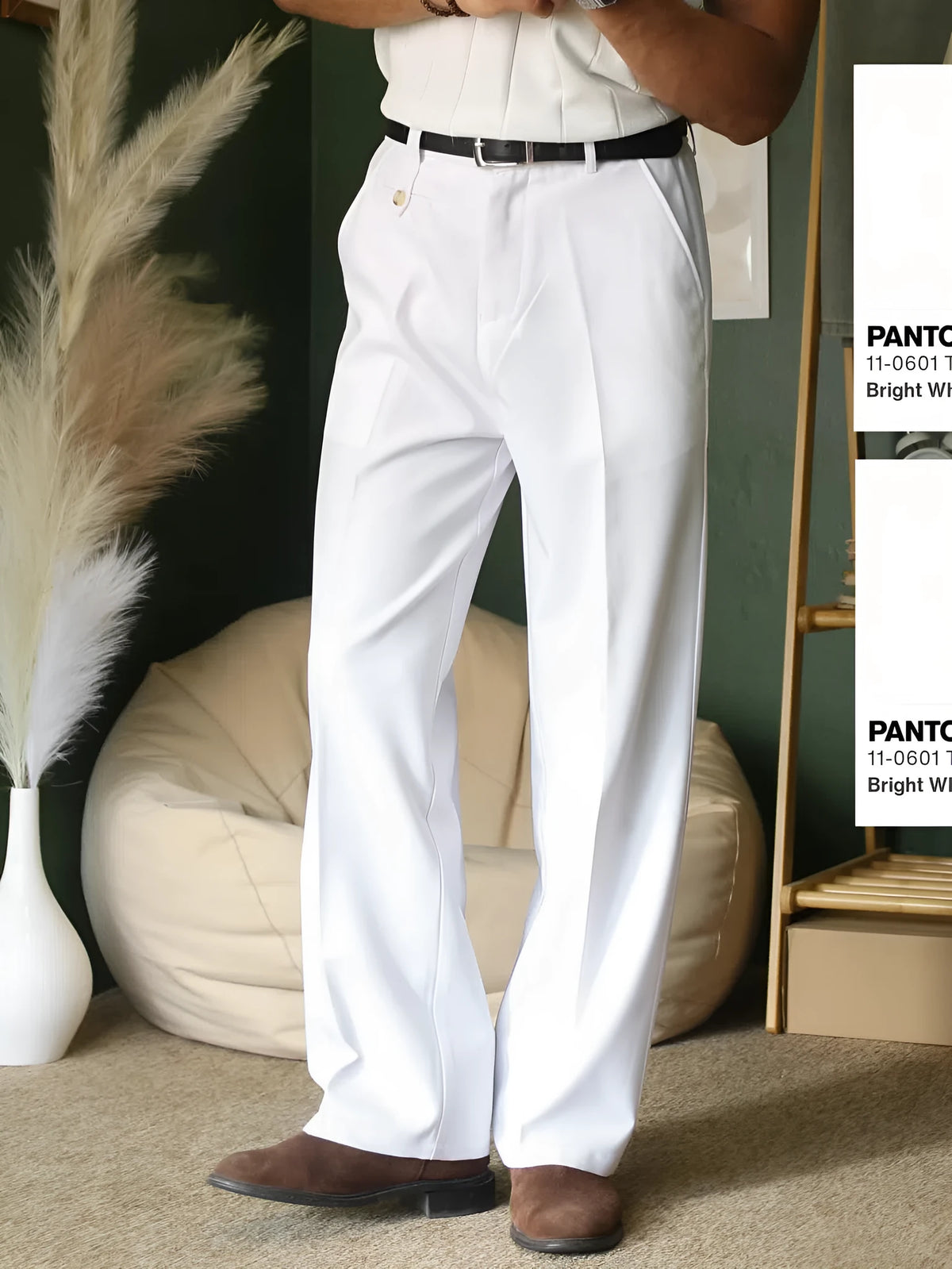 High waist full-length white polyester trousers in regular fit, sizes S to 2XL
