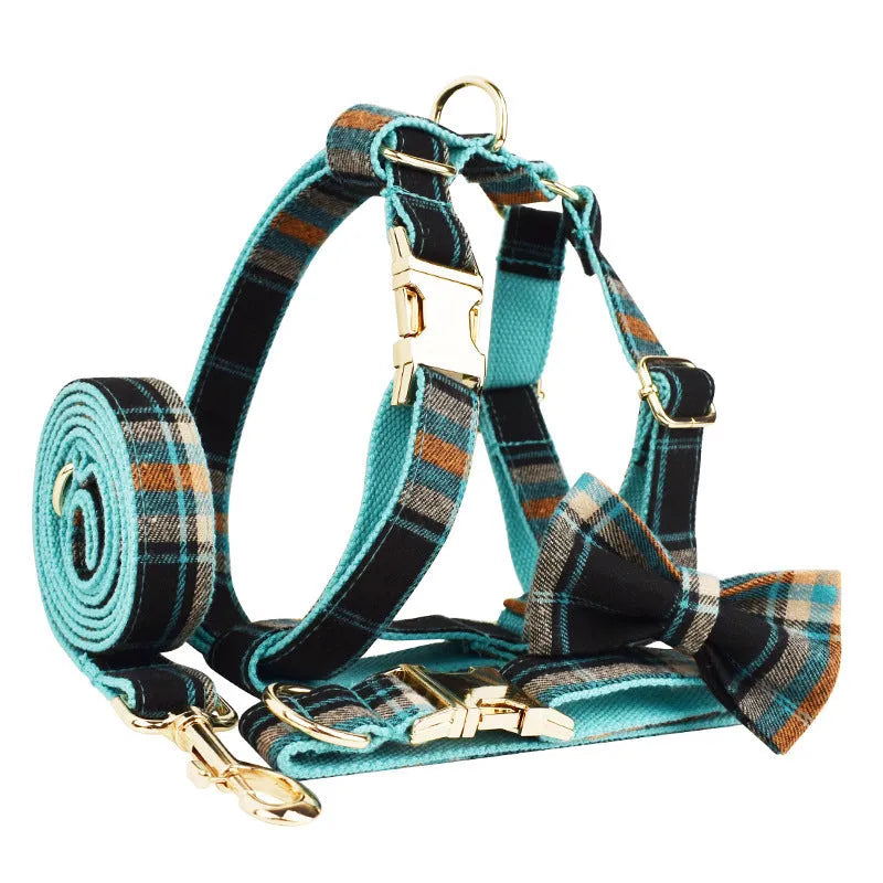 Green retro dog collar set with matching leash, bow, and vest on white background