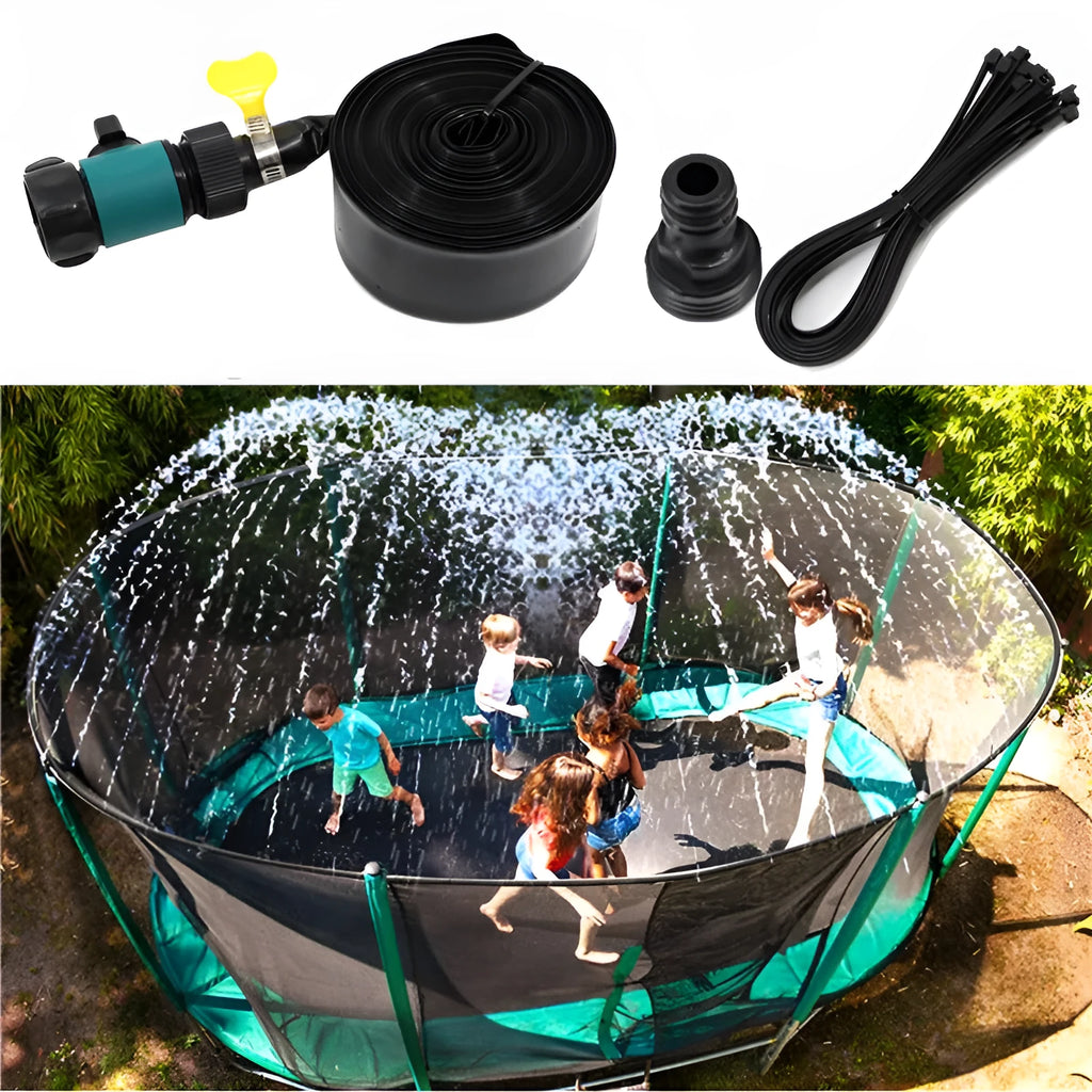 Blue or orange portable PVC garden sprinkler with hose on grass.
