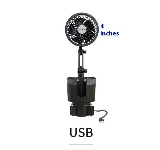 A car cup holder fan with black ABS plastic housing inserted into a vehicle's centre console.