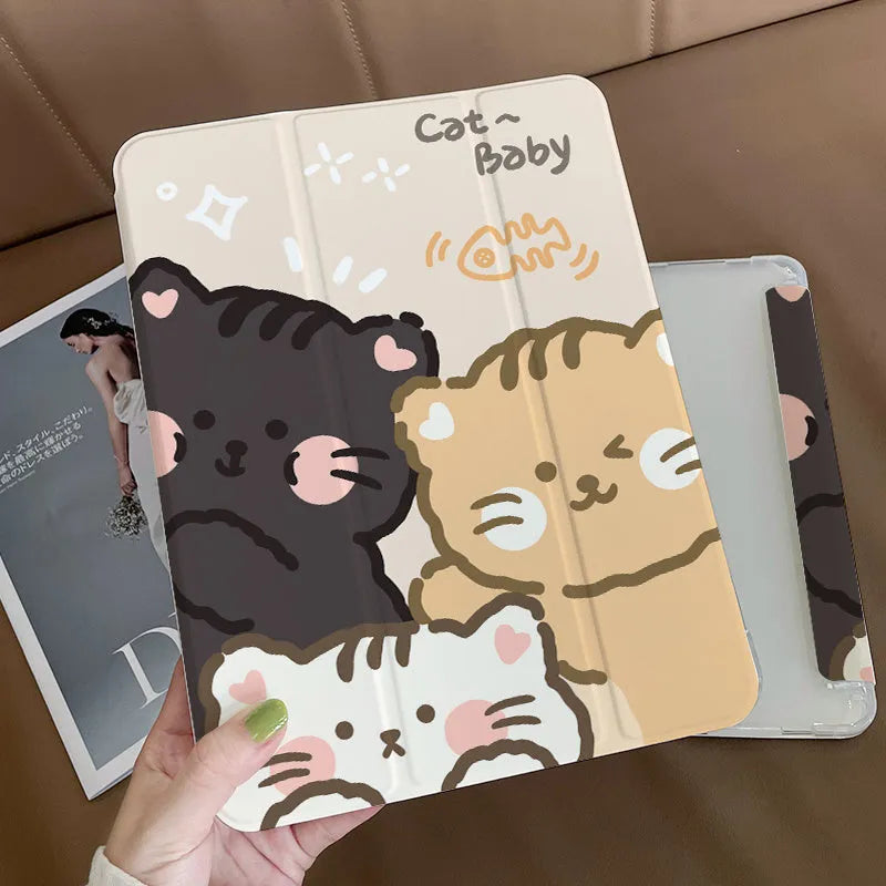 Rabbit cartoon design tri-fold silicone protective case for iPad tablet in stand position.