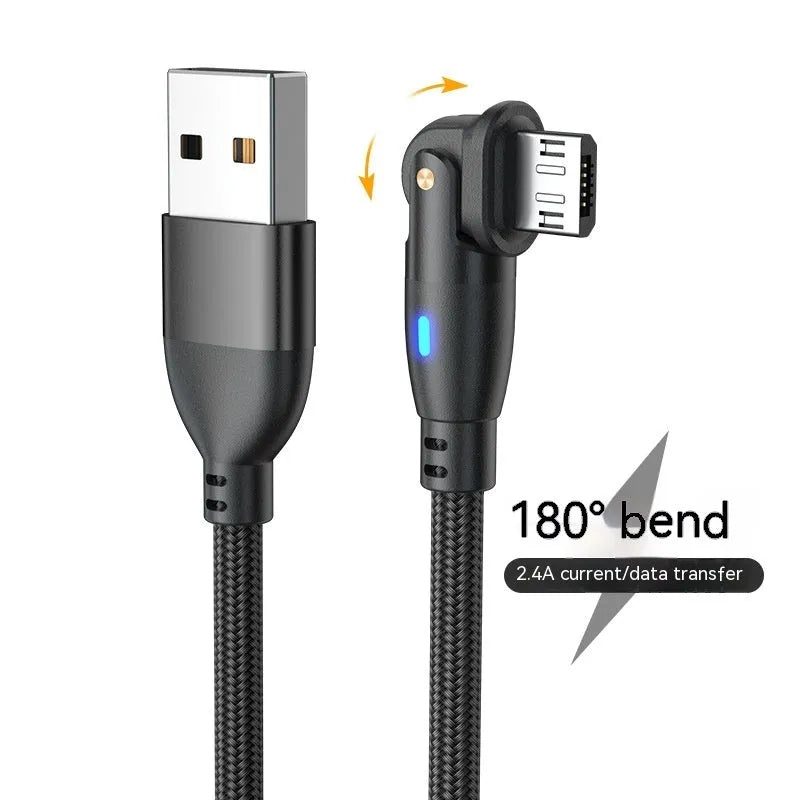 180 degree bend data cable with aluminium alloy connector and nylon woven outer in black, red or purple