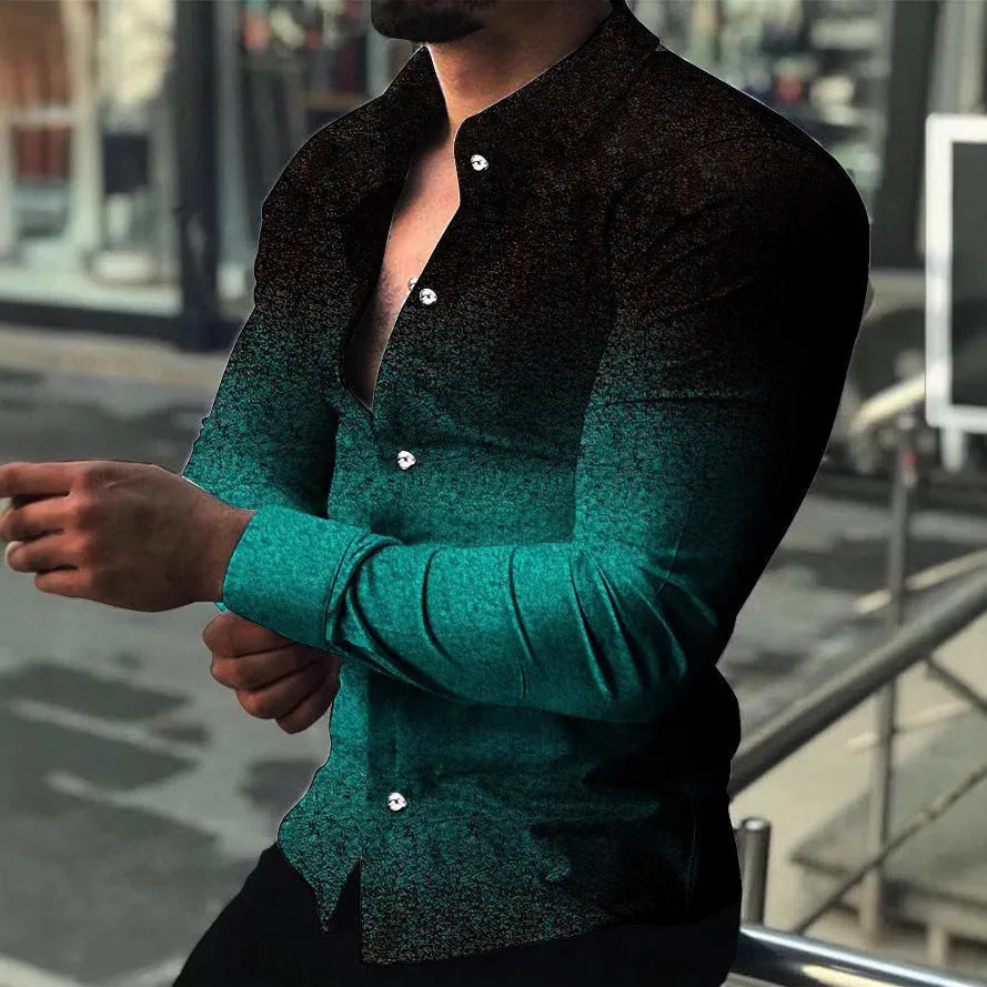 Men's slim fit long sleeve cardigan with gradient pattern in red, yellow, green, purple or blue, sizes S to XXXL