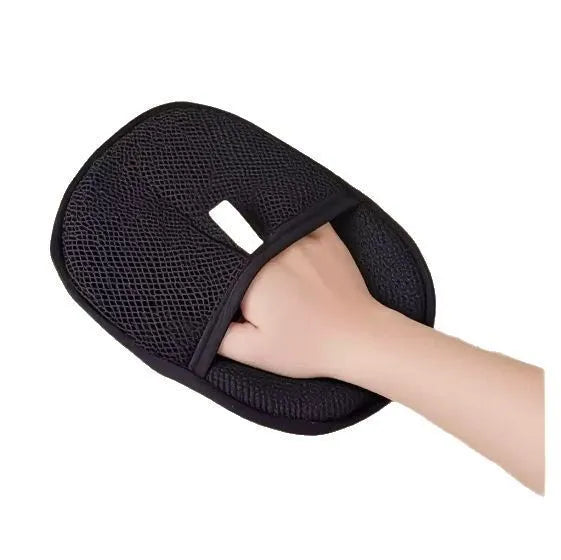 Black pet hair removal glove with silicone brushes on both sides, measuring 24cm by 16cm
