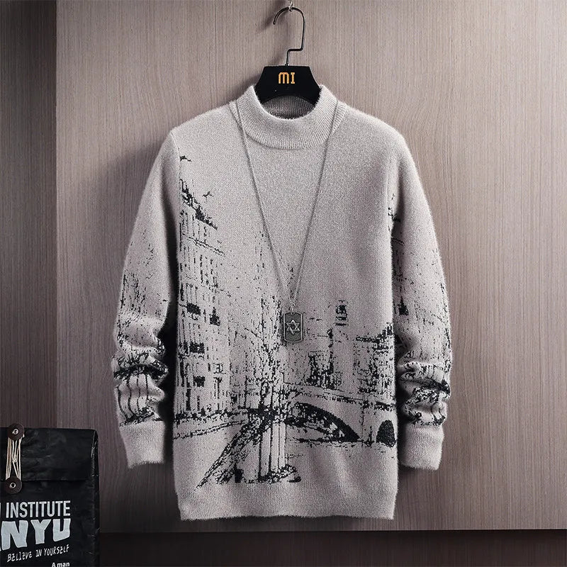 Autumn winter thick mink velvet round neck long sleeve pullover sweater in gray with slim fit and printed details for women