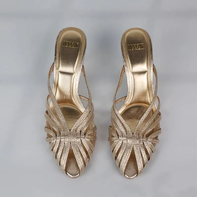 Gold hollow thin strip women's heels with pointed toe, inner height increase, EPR sole and second layer pigskin lining