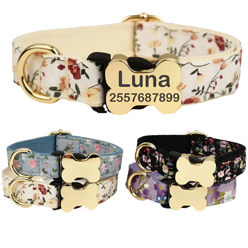 Flat nylon dog collar with a grid print and metal bone-shaped buckle on a white background.