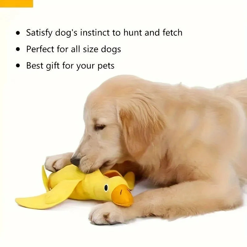 Yellow duck plush dog toy with squeaker and treat dispensing features