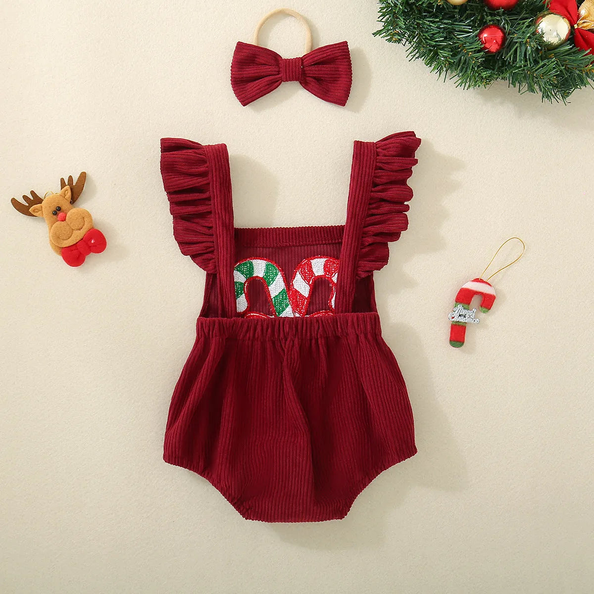 Infant and toddler red Christmas embroidered winged triangle romper in cotton, sleeveless, suitable for 70cm to 100cm height