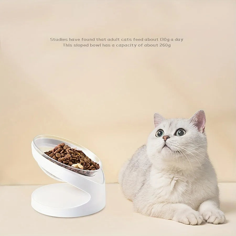 White plastic elevated cat food bowl with tilted design for neck protection