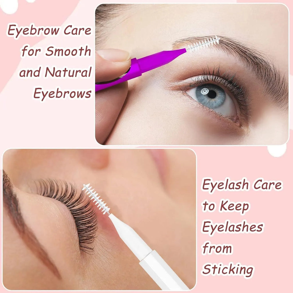 Set of coloured micro eyebrow and eyelash brushes with protective caps arranged on a white surface.