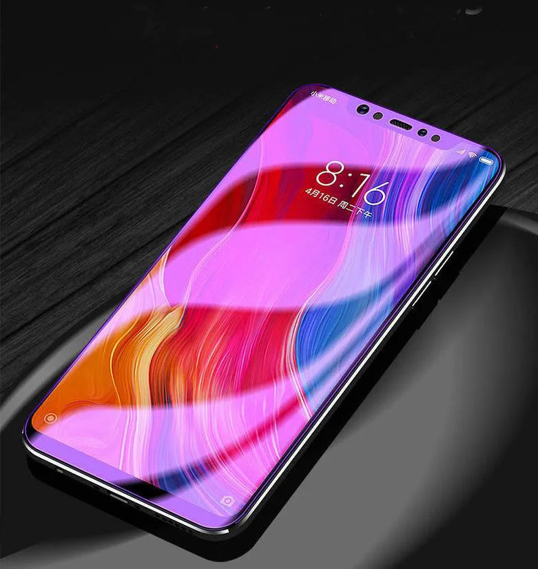 Vivo smartphone with full-screen tempered glass protector showing violet light edge colour.