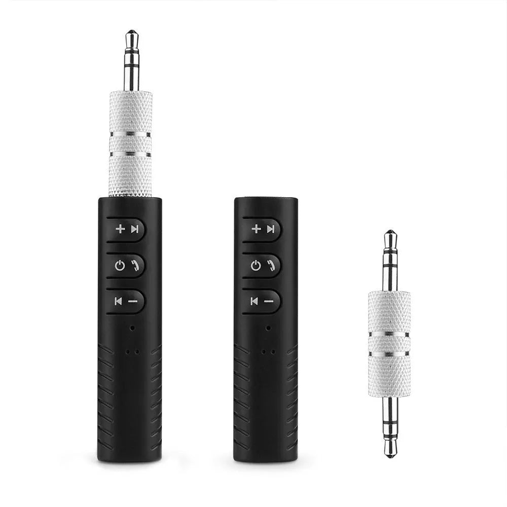 Black plastic Bluetooth car audio adapter with 3.5mm jack for wireless music streaming to car stereo