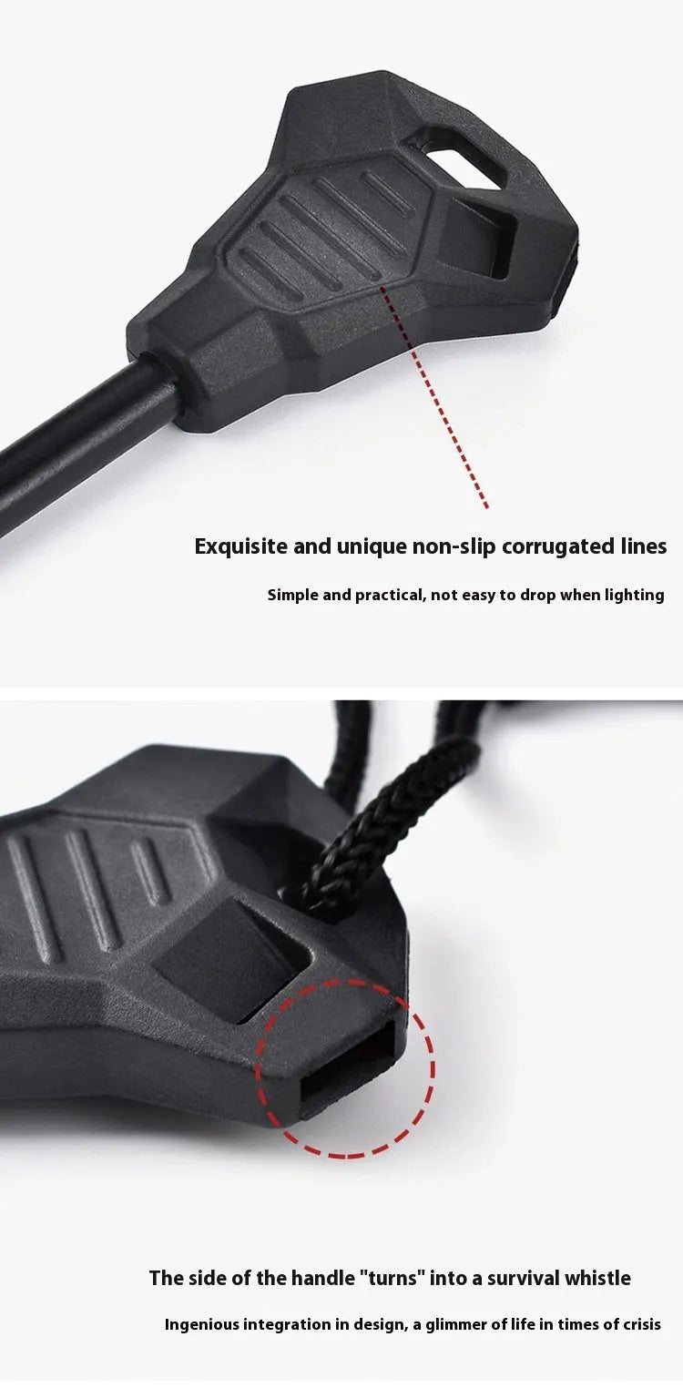 Black outdoor multifunctional survival flint with magnesium rod and stainless steel tools including whistle and bottle opener.