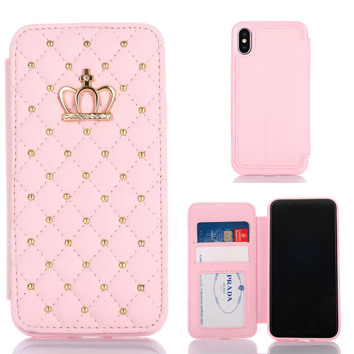 Crown card leather flip case for Samsung in black, pink, white or rose red, with PU outer and TPU inner shell.