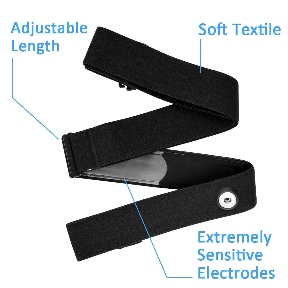 Black heart rate monitor chest strap with ANT+ and Bluetooth 4.0 transmitter on elastic band