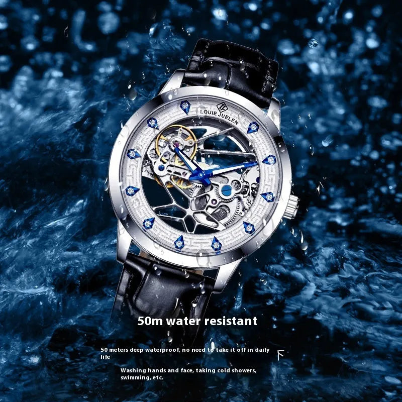 Men's silver case mechanical watch with white dial, blue luminous hands, and a black genuine leather strap.