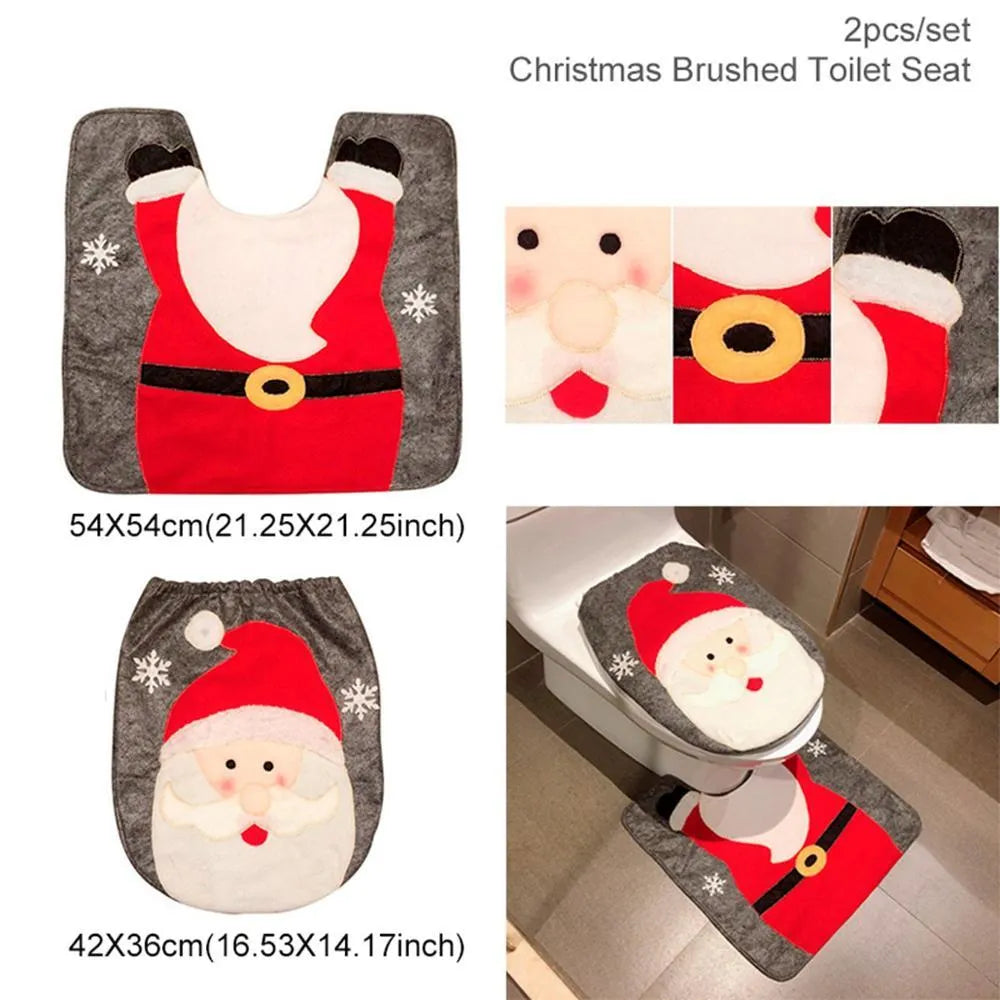 Christmas bathroom decoration set with Santa Claus shower curtain, toilet cover, and non-slip flannel floor mat