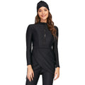 Black conservative full coverage swimsuit for Muslim ladies on a hanger